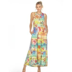 Johnny Was Tie-Dye Sleeveless Tropical Floral Tiered Midi Dress NEW